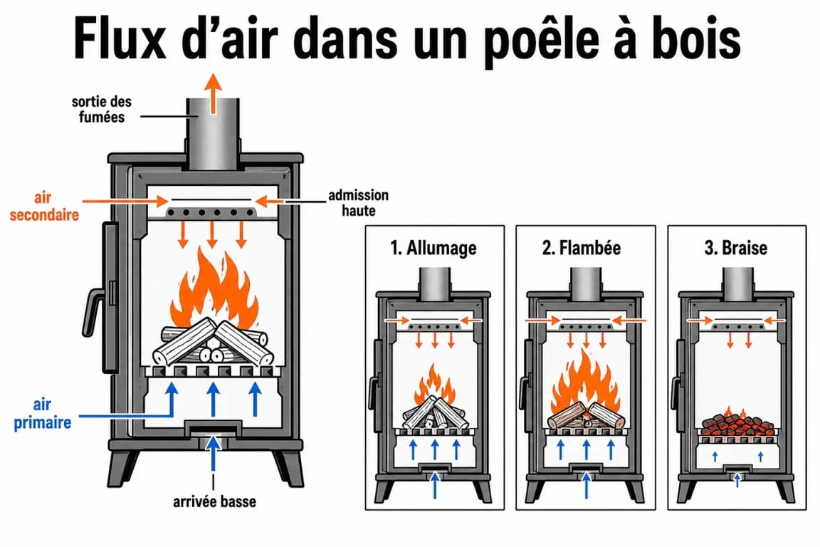 Réglage air primaire et secondaire poêle à bois : schéma des flux d’air en allumage, flambée et braise