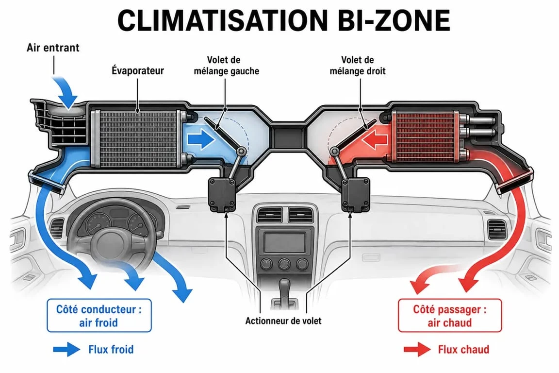 Clim un cote chaud un cote froid : schéma simplifié d’une climatisation automobile bi-zone avec volets de mélange et actionneur