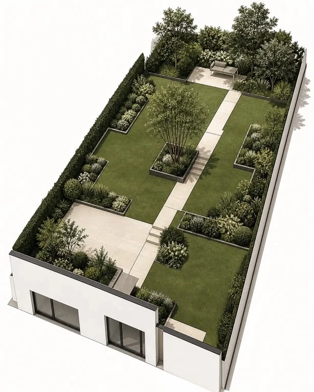 Aménagement jardin rectangulaire avec zones décalées, massifs en profondeur et point focal végétal