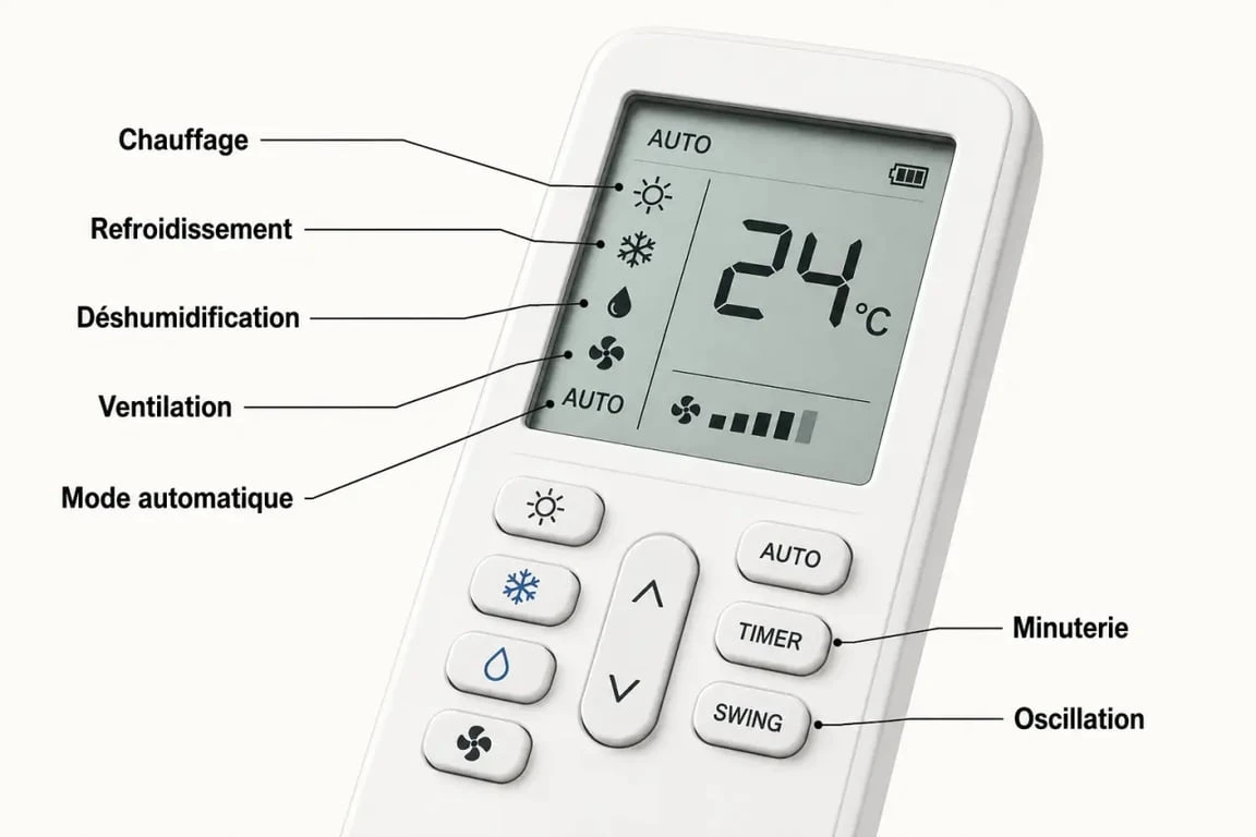 Symboles clim sur télécommande avec les modes soleil, flocon, goutte, ventilateur, AUTO, TIMER et SWING