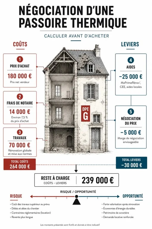 Acheter une maison DPE G : visuel éditorial sur le coût global, les travaux et les aides