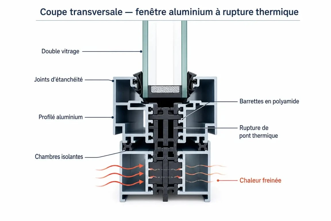 Isolation thermique fenetre alu : schéma d'une fenêtre avec rupture de pont thermique et vitrage performant