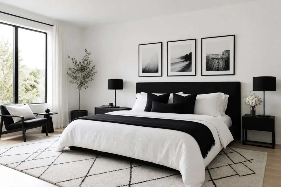 Chambre noir et blanc élégante et apaisante avec linge de lit texturé et tableaux muraux