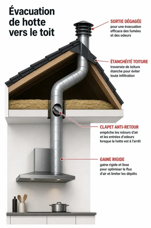 Installation sortie extérieure hotte de cuisine sur le toit : schéma simplifié du cheminement de la gaine et des points de vigilance