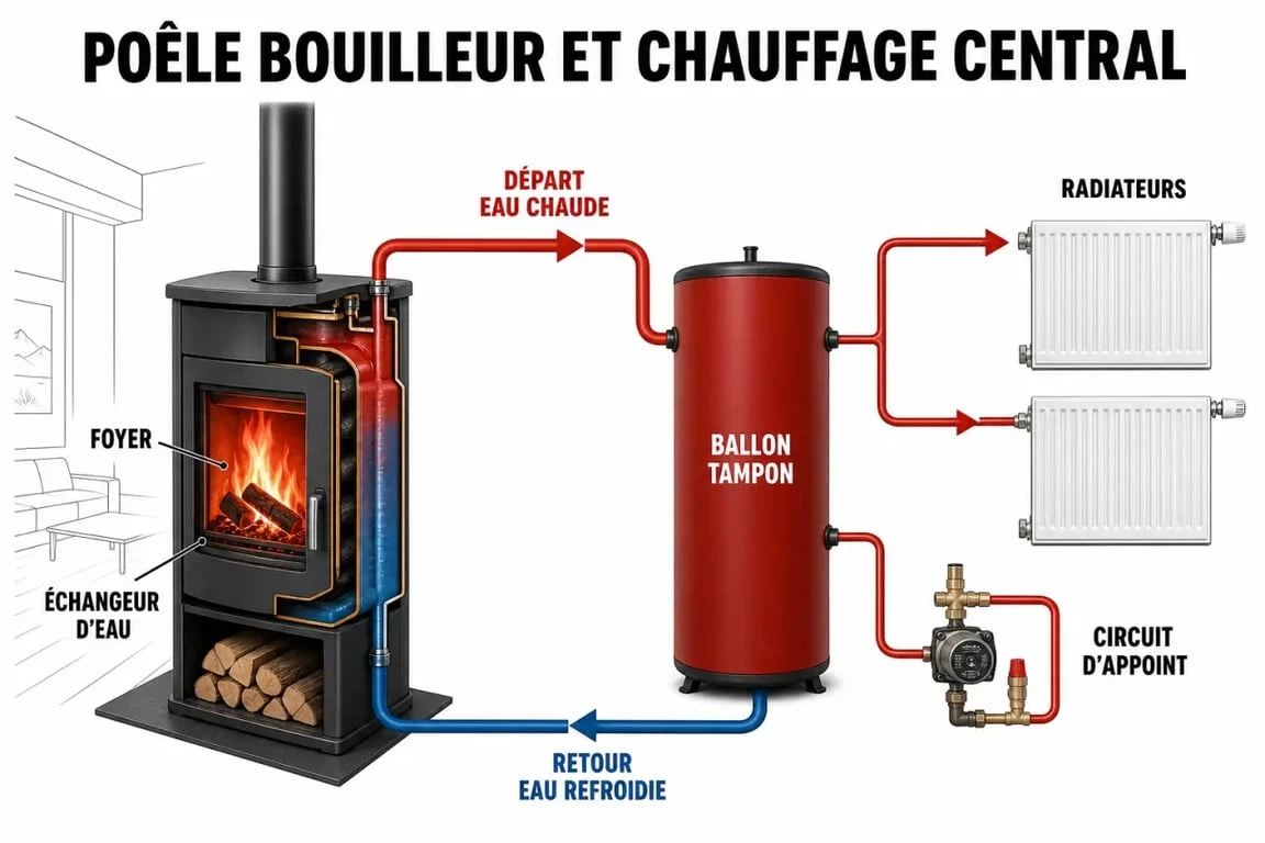 Schéma du poêle à bois bouilleur chauffage central montrant la chaleur vers l’air, le ballon tampon et les radiateurs