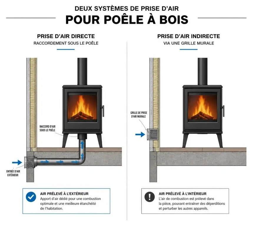 Schéma comparatif entre prise d'air directe et indirecte pour poêle à bois obligatoire