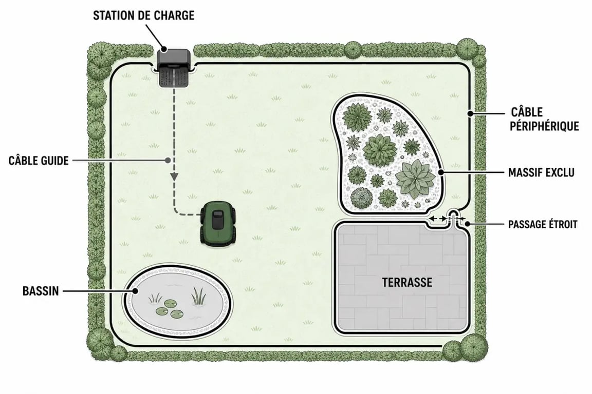 Optimiser l'entretien de son jardin avec un robot tondeuse : schéma du câble périphérique, du câble guide et de la station de charge