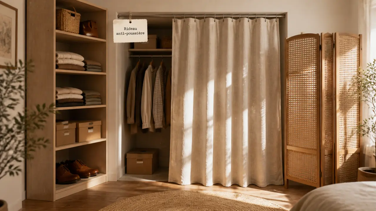 Idée pour fermer un placard sans porte : rideau et paravent anti-poussière