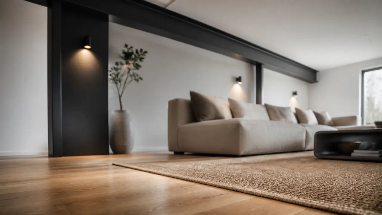 Mettre en valeur un IPN : anthracite satiné sur poutre acier, déco beige