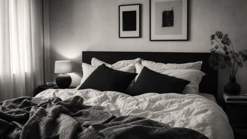 Noir et blanc chambre, linge blanc cassé et coussins noirs, ambiance apaisante