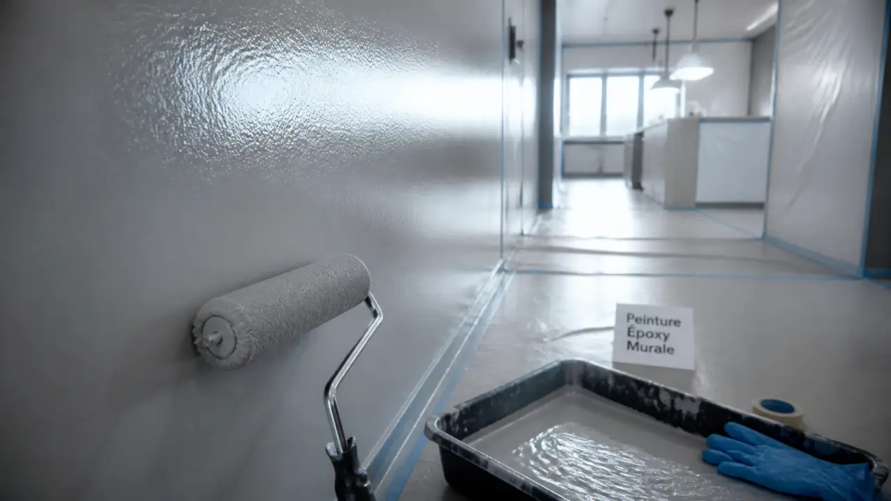 Peinture epoxy murale : préparation du mur avant 2 couches, rouleau et gants