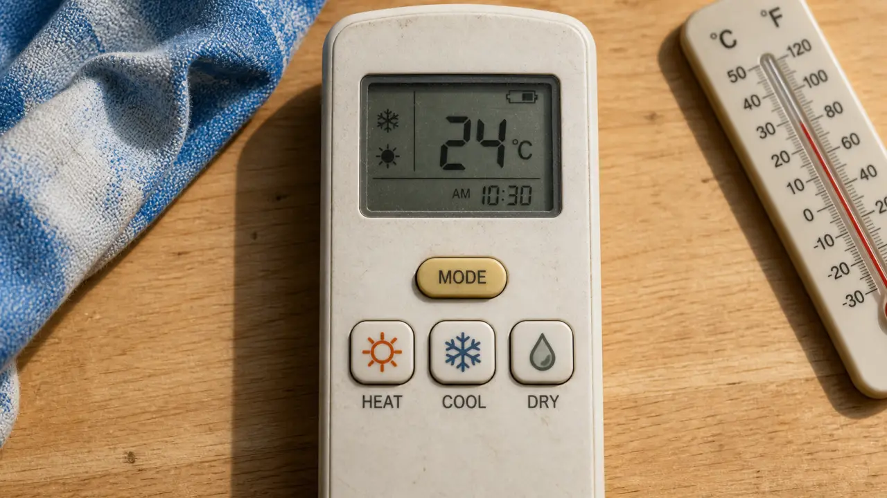 Symboles clim : soleil HEAT, flocon COOL, goutte DRY