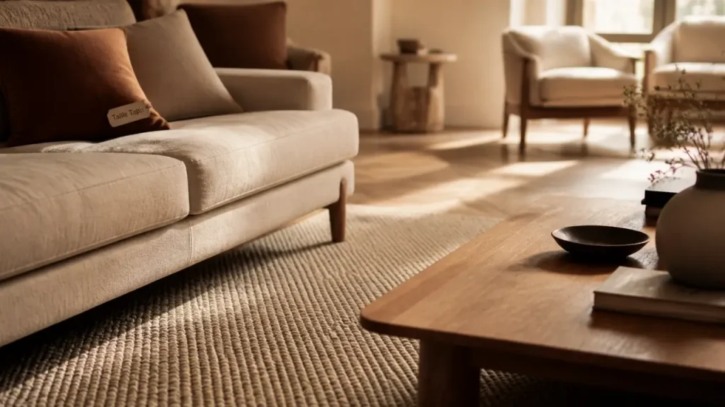 Tapis dans salon avec 30 cm de débord, laine beigé