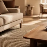 Tapis dans salon avec 30 cm de débord, laine beigé