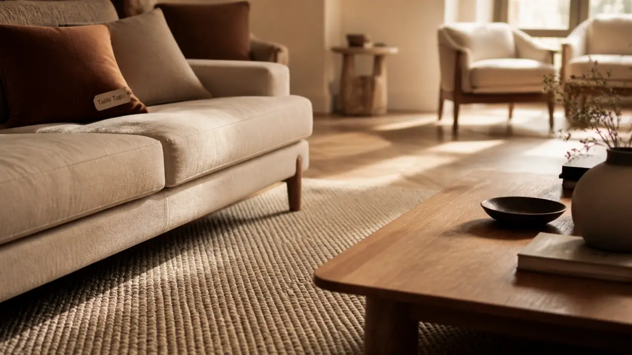Tapis dans salon avec 30 cm de débord, laine beigé