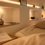 Tete de lit placo avec niches, niches carrées et LED douce, chambre moderne