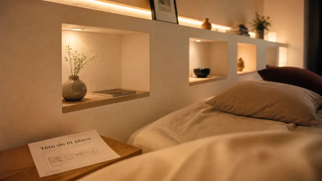 Tete de lit placo avec niches, niches carrées et LED douce, chambre moderne