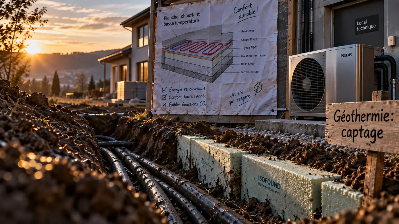Chauffage en géothermie : tranchée et captages enterrés, local technique
