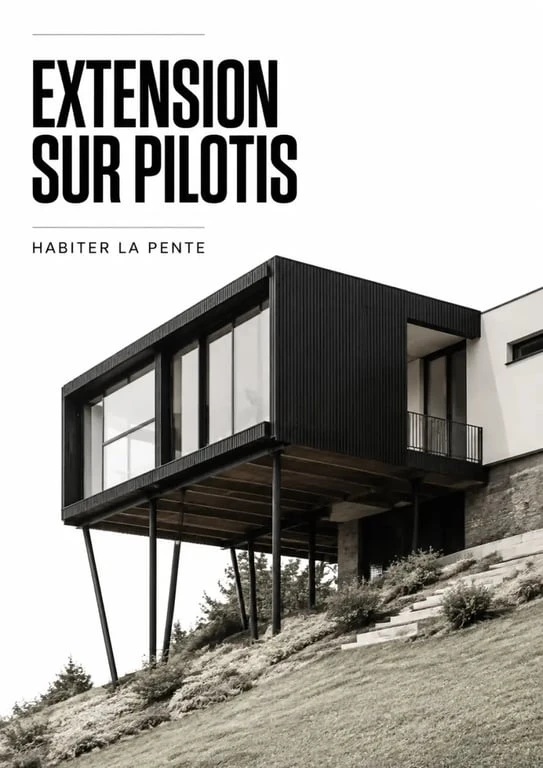 Extension maison sur pilotis sur terrain en pente, illustration éditoriale