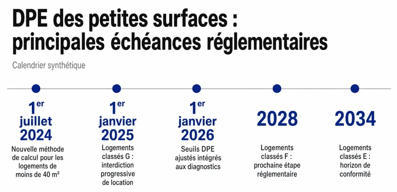 DPE maison moins de 50 m2 : frise des dates clés et seuils réglementaires