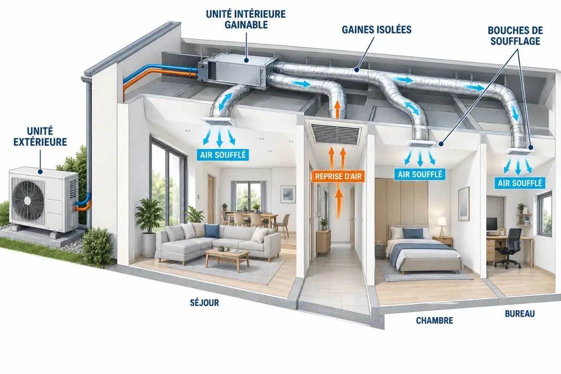 Schéma de fonctionnement d'une pompe a chaleur air air gainable avec réseau de gaines