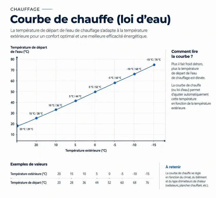 Schéma de la courbe de chauffe pour le réglage d'une pompe à chaleur