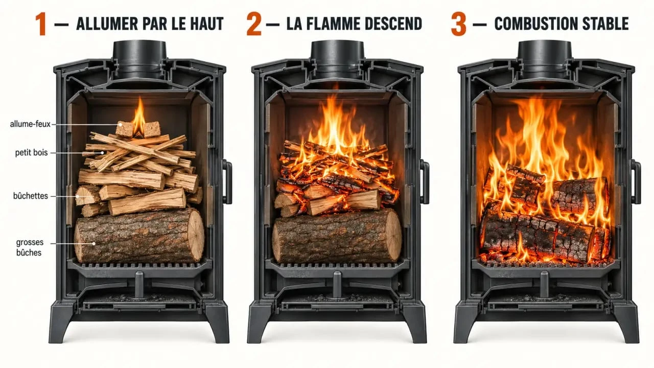 Poêle à bois : allumage par le haut avec les différentes couches de la méthode top-down