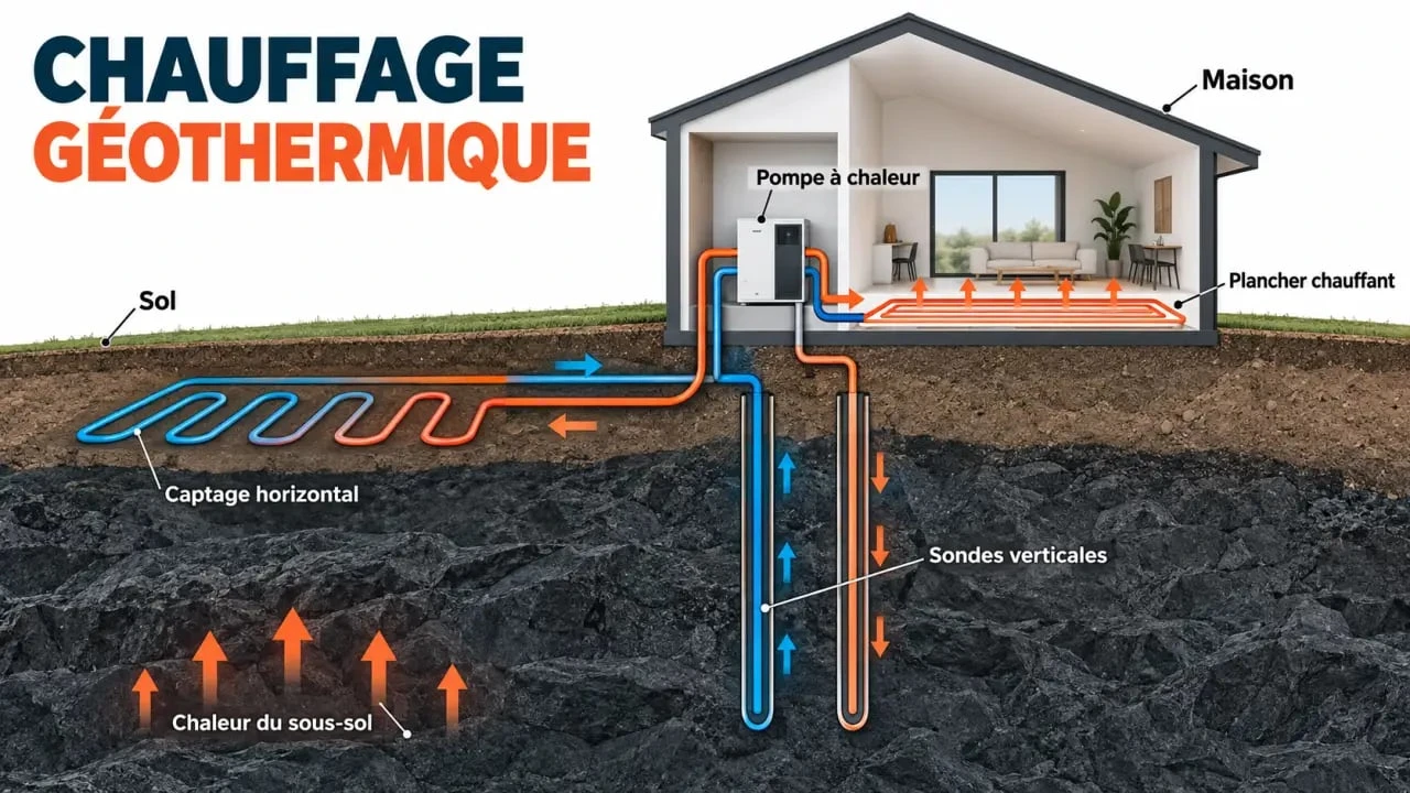 Schéma du fonctionnement d’un chauffage en géothermie avec pompe à chaleur et captage dans le sol