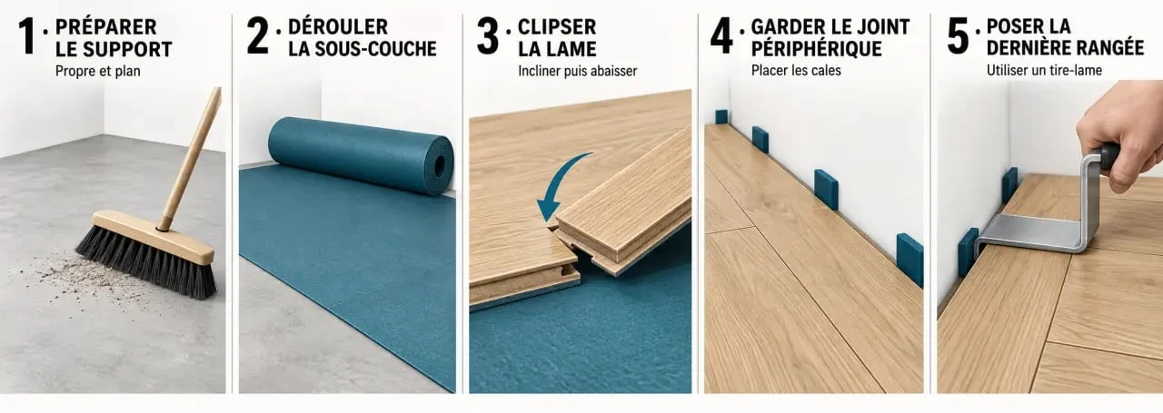 Illustration des étapes pour savoir comment poser parquet stratifié avec sous-couche, clipsage et cales de dilatation