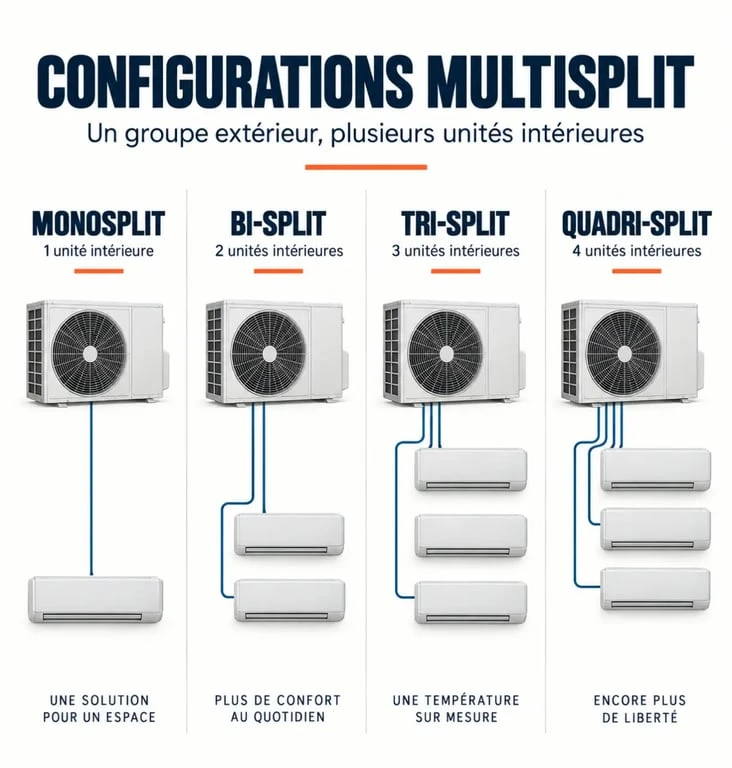 Infographie des configurations d’une unité extérieure clim en monosplit et multisplit