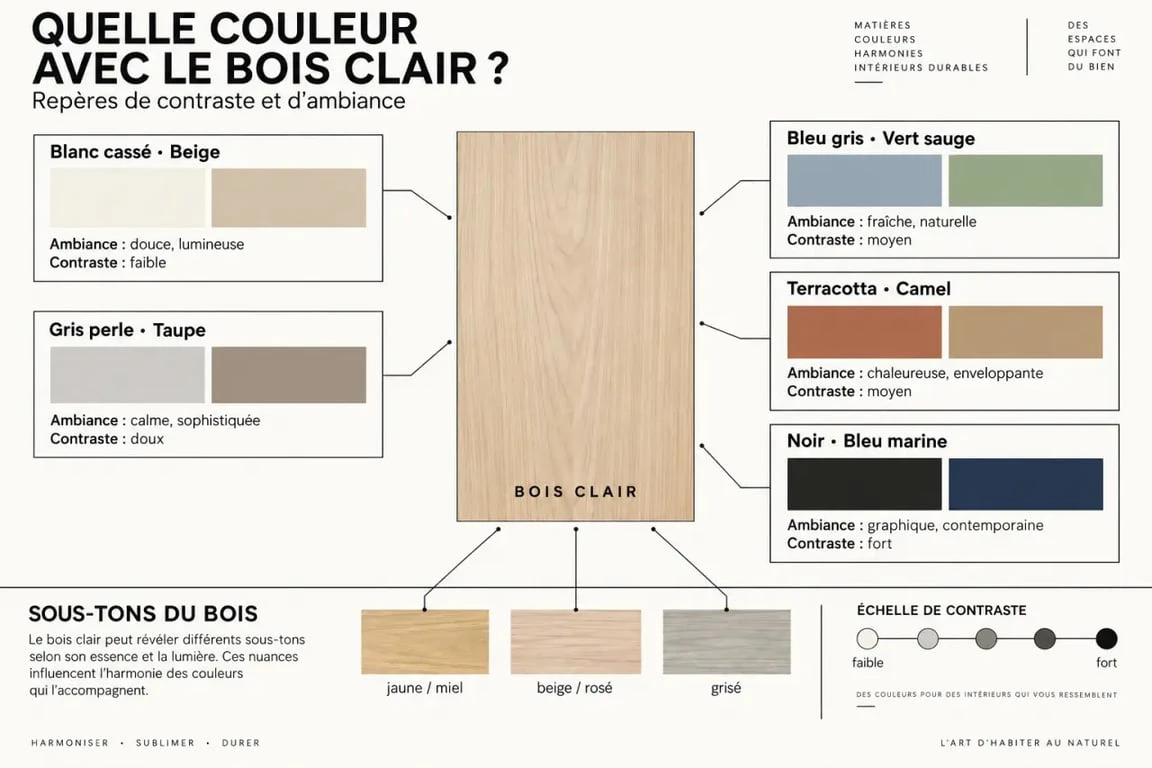 Infographie des couleurs qui vont avec le bois clair selon l’ambiance et le sous-ton du bois