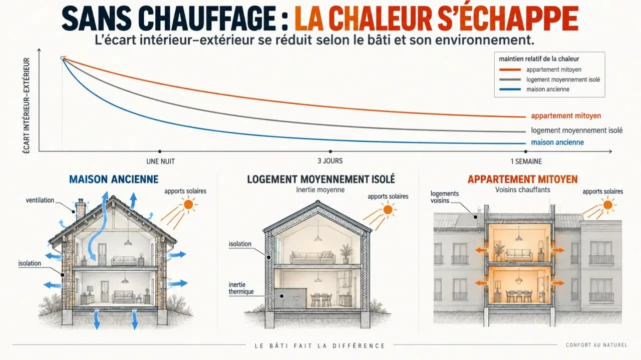 Infographie sur la différence température intérieur extérieur sans chauffage selon l’isolation et la durée d’arrêt