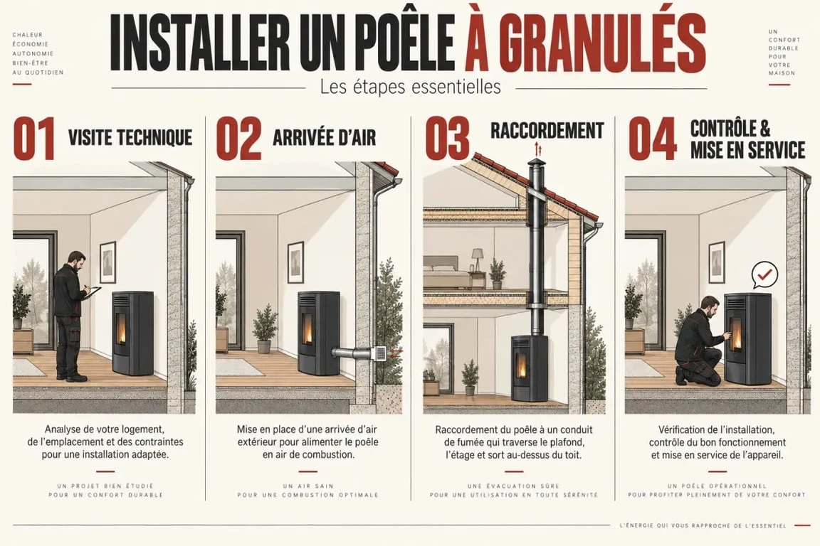 Étapes clés pour installer un poêle à granulés avec arrivée d’air et conduit de fumée