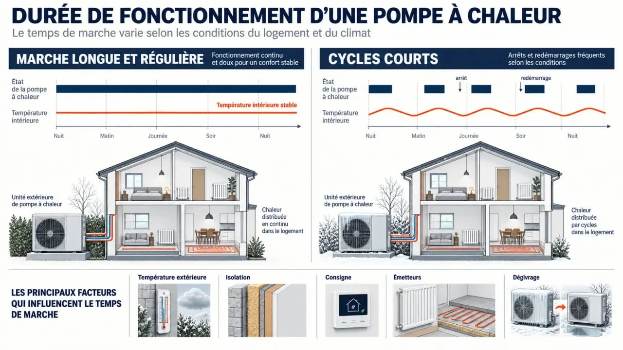 Schéma expliquant combien de temps tourne une pompe à chaleur par jour selon la météo, l’isolation et les cycles