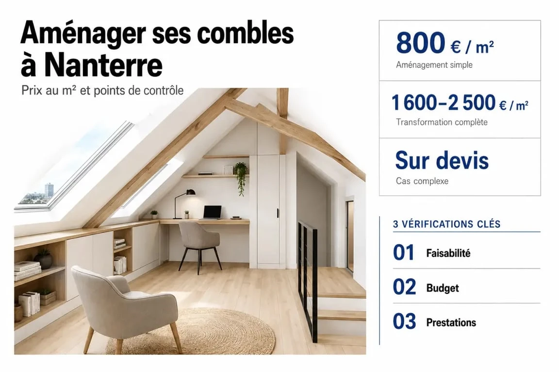Aménagement des combles nanterre : visuel éditorial montrant un grenier transformé et les fourchettes de prix