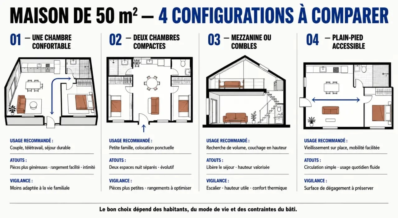 Infographie des configurations possibles pour une maison 50m2