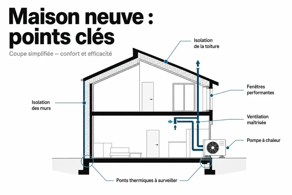 dpe maison neuve : schéma des éléments qui influencent le diagnostic, isolation, fenêtres, ventilation et pompe à chaleur