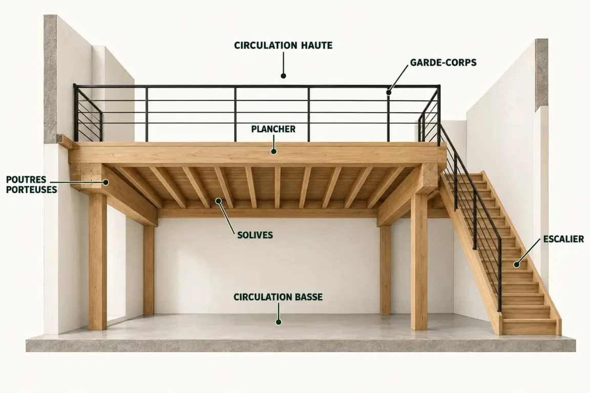 Schéma simplifié d'une mezzanine en bois avec solives, plancher, escalier et garde-corps