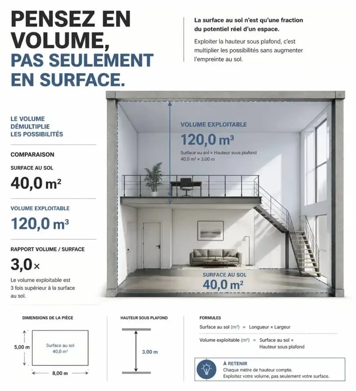 Schéma illustrant la différence entre surface au sol et volume pour une optimisation d'espace réussie.