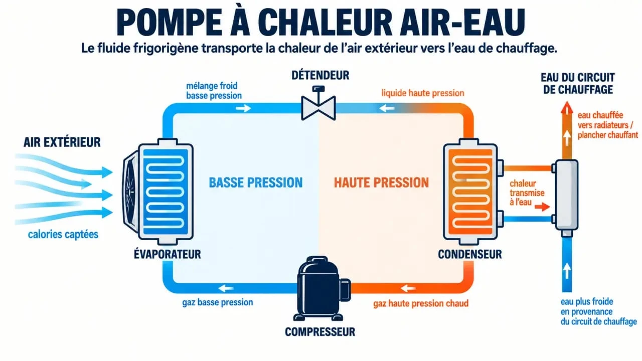 Schéma du fonctionnement d’une pompe à chaleur air-eau et de son cycle frigorifique