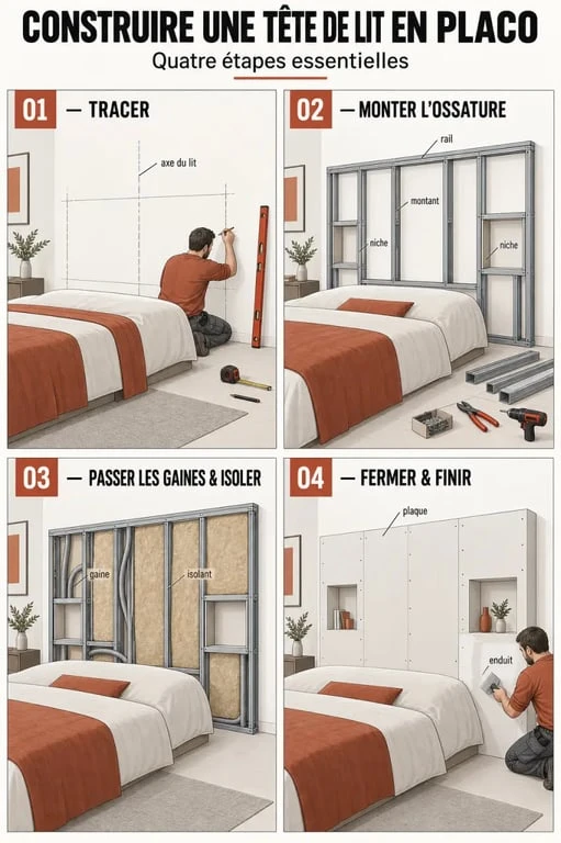 Étapes de construction d’une tête de lit placoplatre avec niches et éclairage intégré