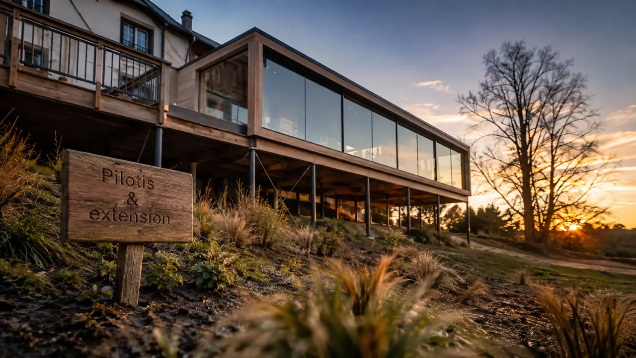Extension maison sur pilotis sur terrain en pente, au golden hour