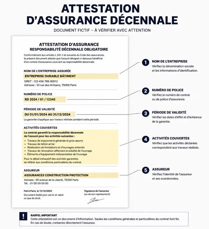 Garantie décennale : comment vérifier l’assurance de votre artisan avant des travaux de rénovation, attestation annotée avec les champs à contrôler