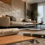 Habillage mur interieur moderne : panneaux bois chêne et relief 3D dans un salon