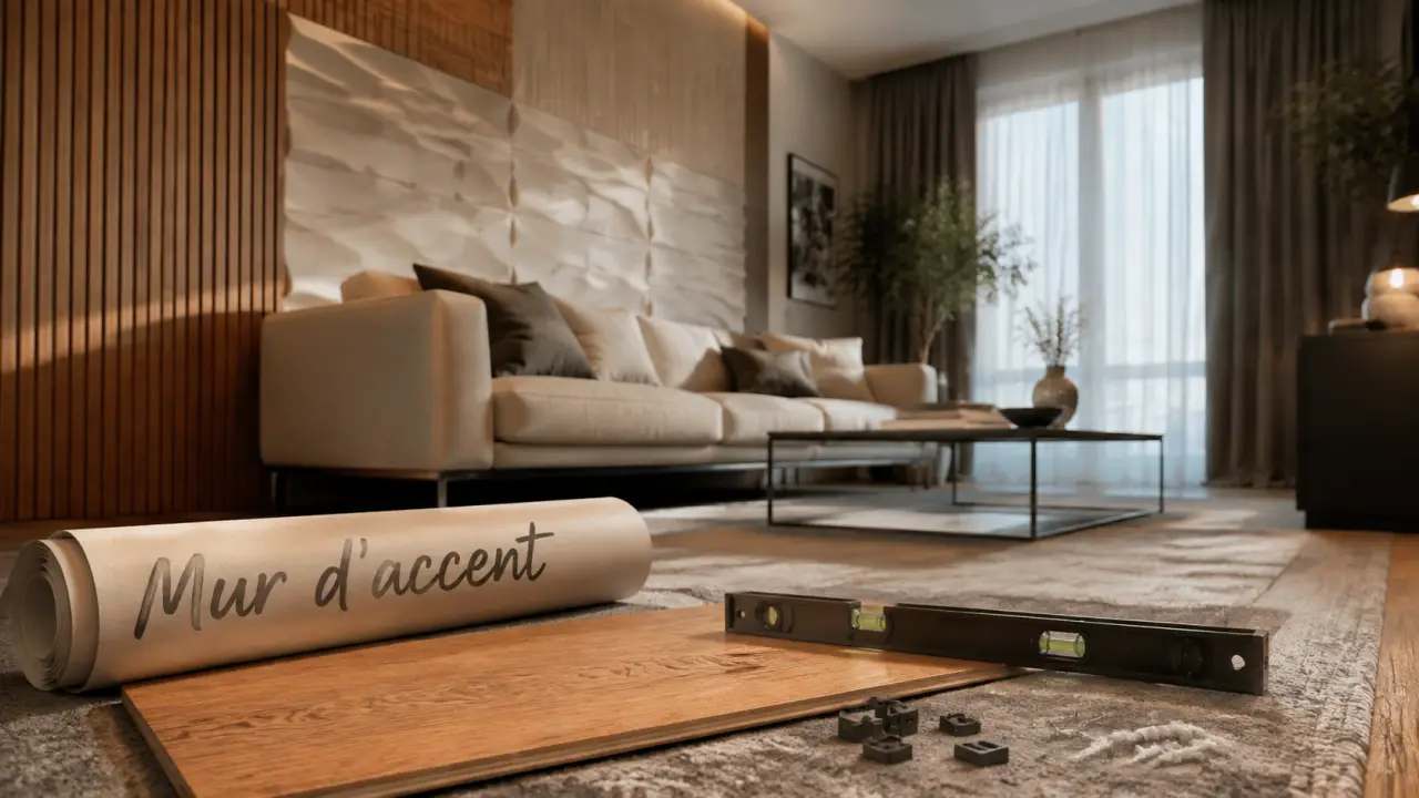 Habillage mur interieur moderne : panneaux bois chêne et relief 3D dans un salon