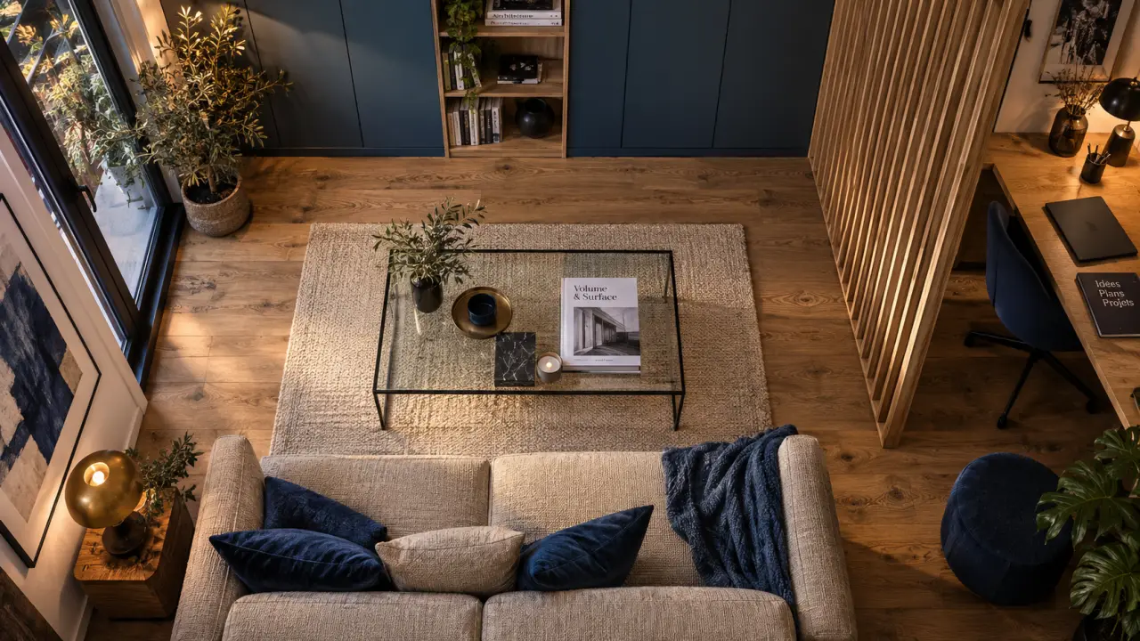 Optimisation espaces : salon compact avec rangements intégrés et claustra bureau
