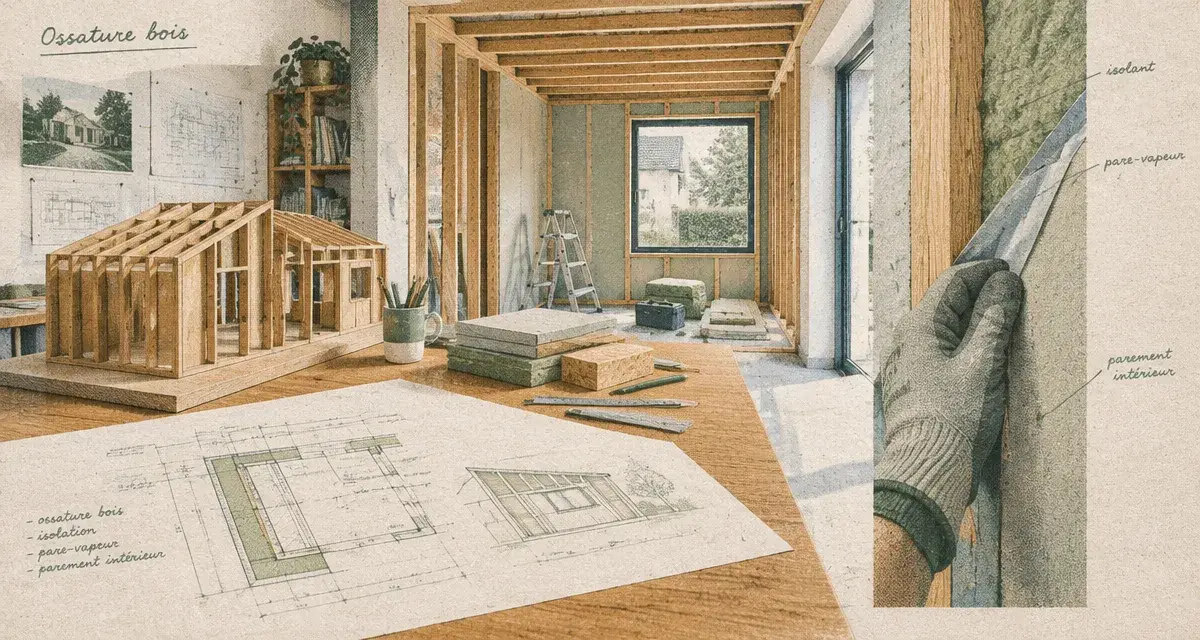 Agrandissement maison ossature bois : détail isolation pare-vapeur et charpente