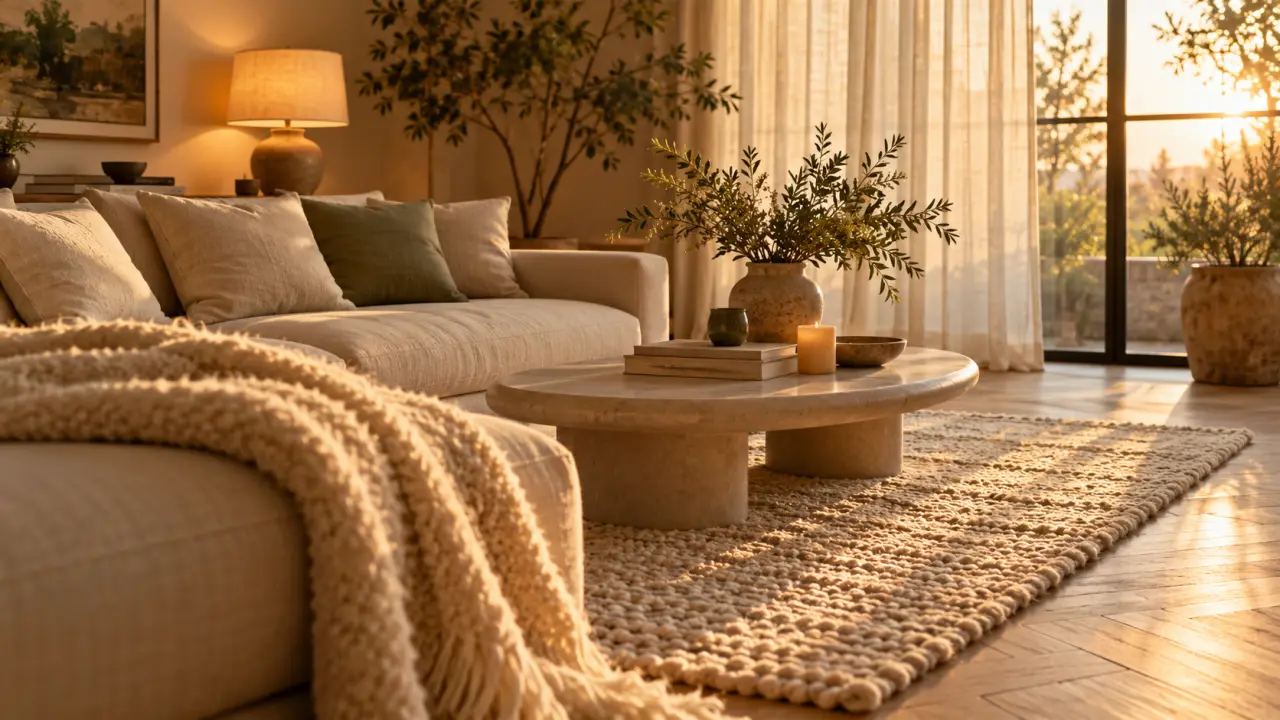 Déco scandinave cocooning : salon beige avec plaid, lin et lumière dorée
