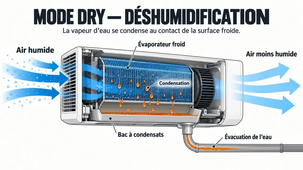 Schéma du fonctionnement du mode DRY d’un climatiseur et de l’évacuation des condensats