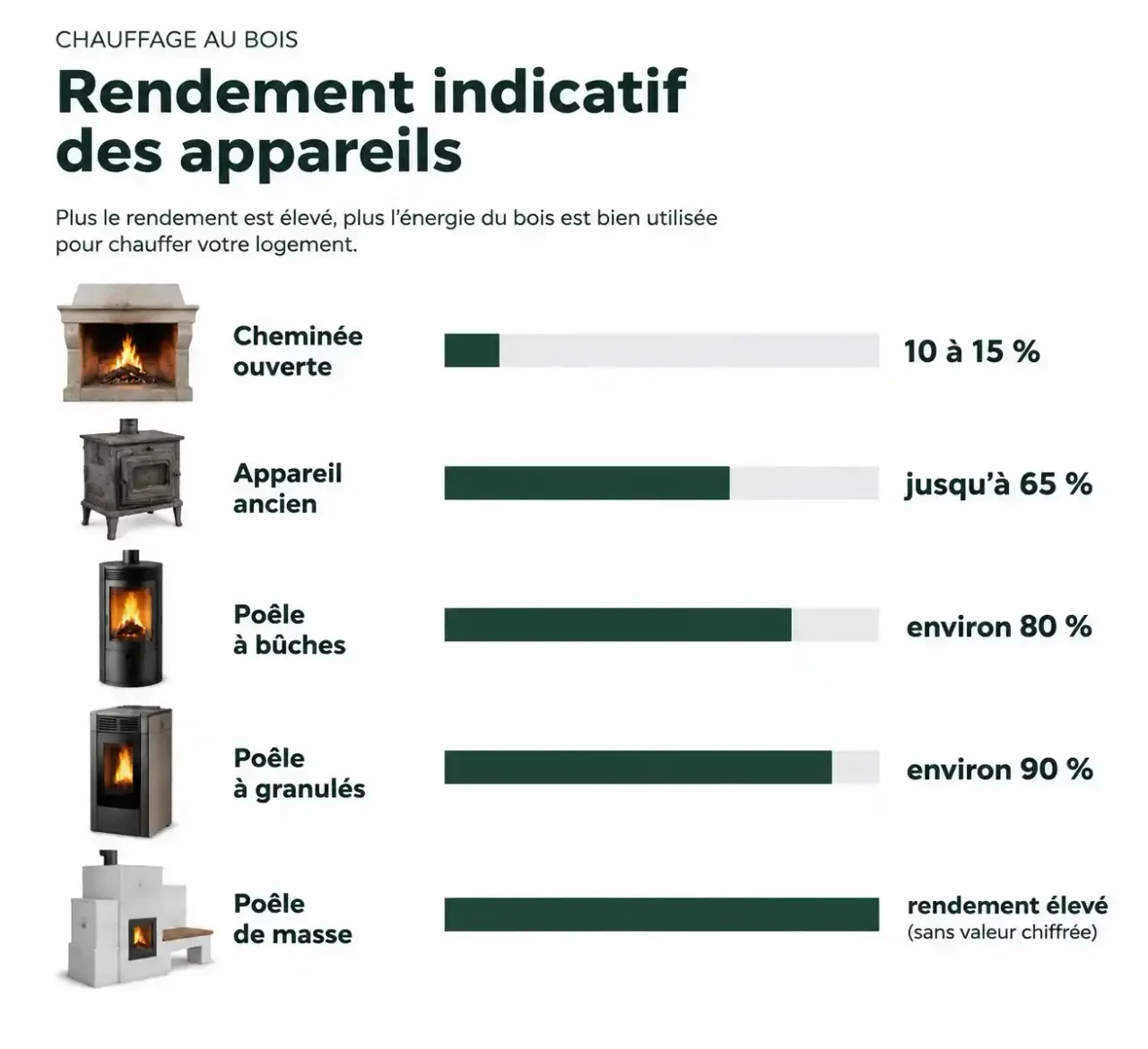 Comparaison du rendement du poêle à bois selon le type d'appareil : cheminée ouverte, poêle à bûches, poêle à granulés